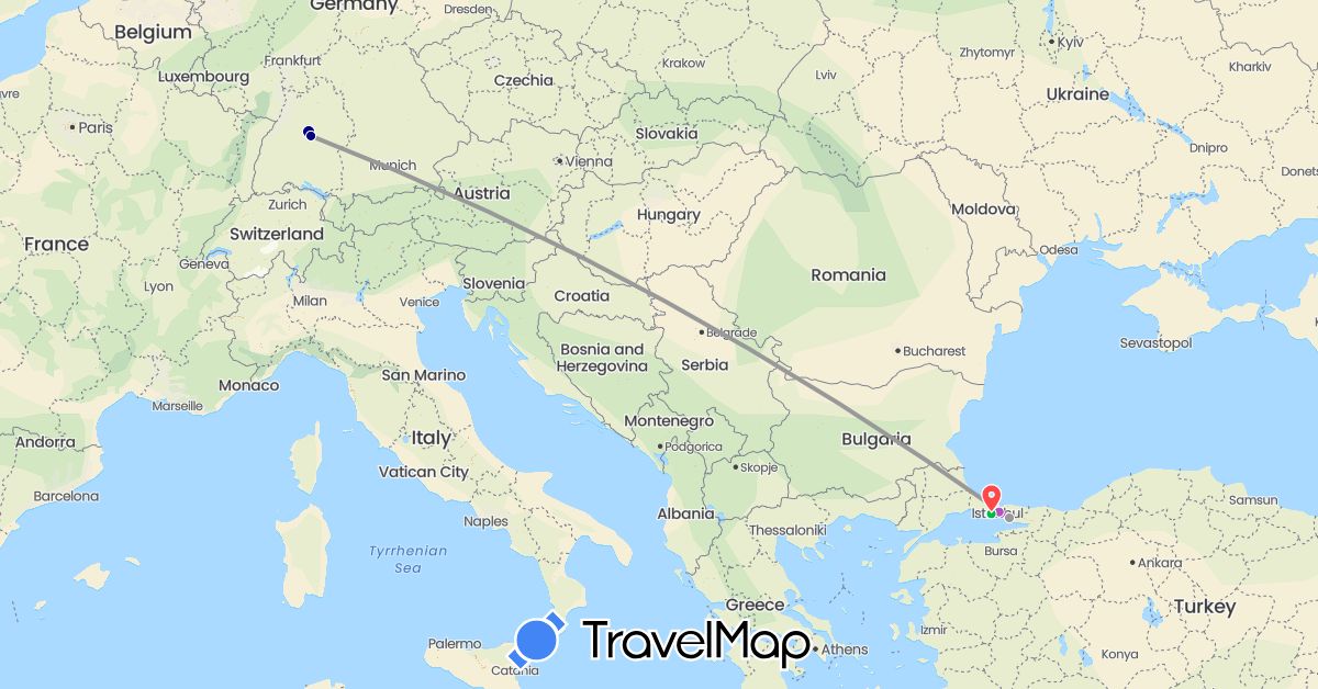 TravelMap itinerary: driving, bus, plane, train, hiking in Germany, Turkey (Asia, Europe)